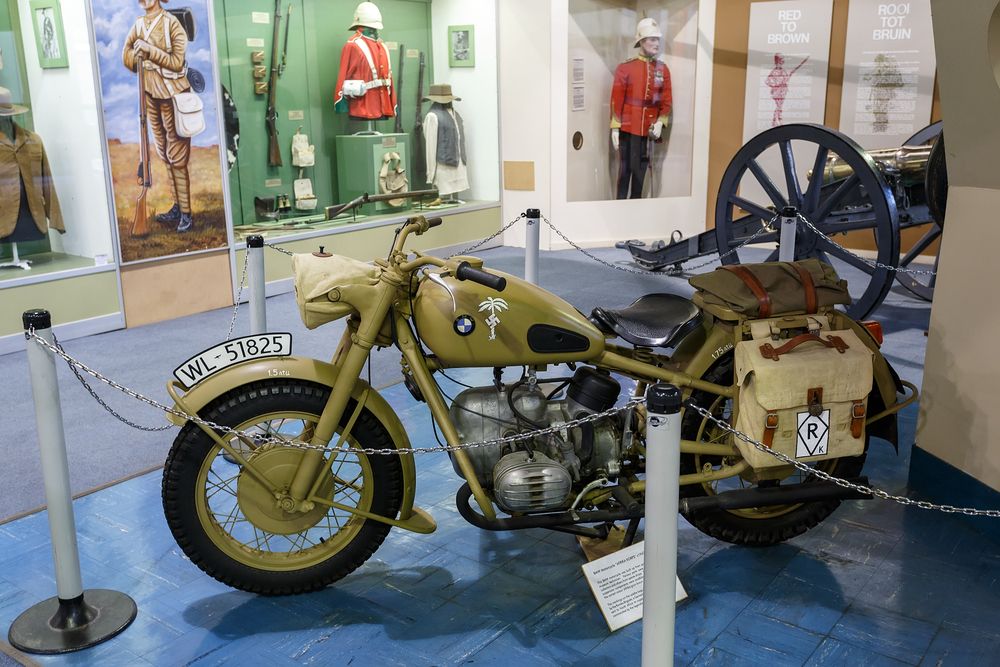 Display of Military bike with old military luggage bags at South African Museum of Military History