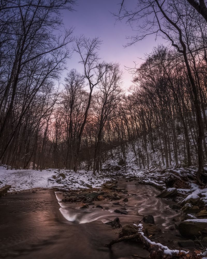 Sunrise along Scott's Run after a dusting of snow