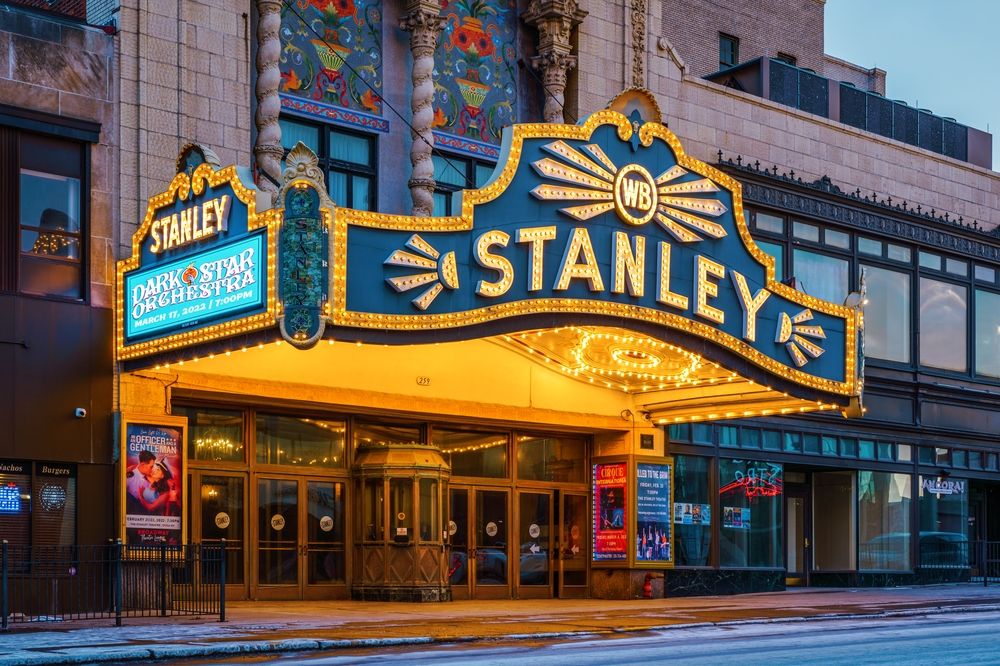 Lit up sign board of The Stanley Theatre