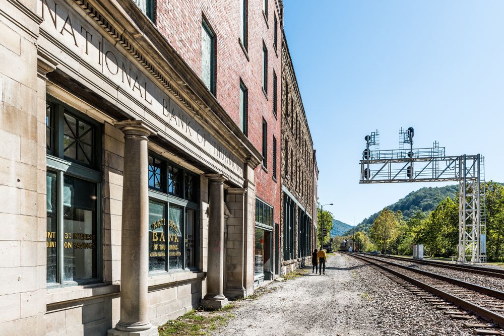 People walking along Thurmond, West Virginia