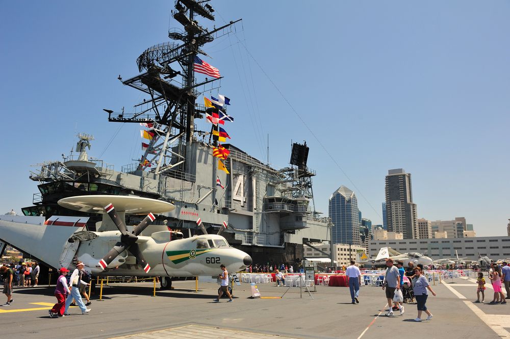 People looking at the exhibits kept at USS Midway Museum
