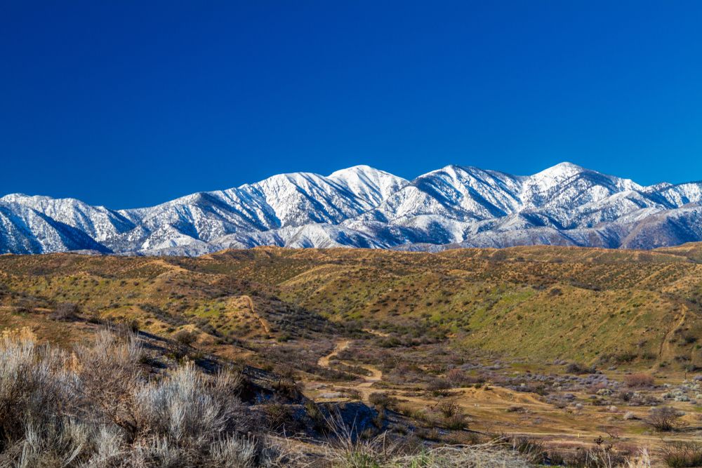 View of the snow capped mountains in Angeles National Forest