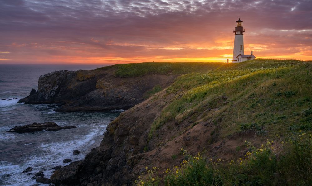 Vibrant sunset at Yaquina Head Lighthouse