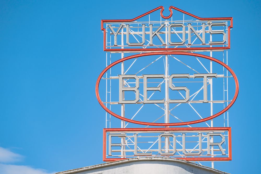 Neon signage of Yukon's Best Flour Mill