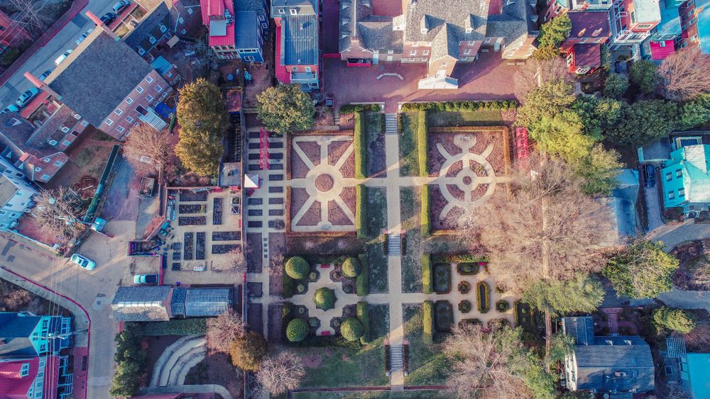 Aerial view of the William Paca House and gardens