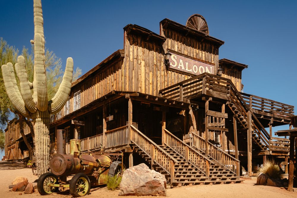 Exterior of a wooden saloon at Goldfield Ghost Town