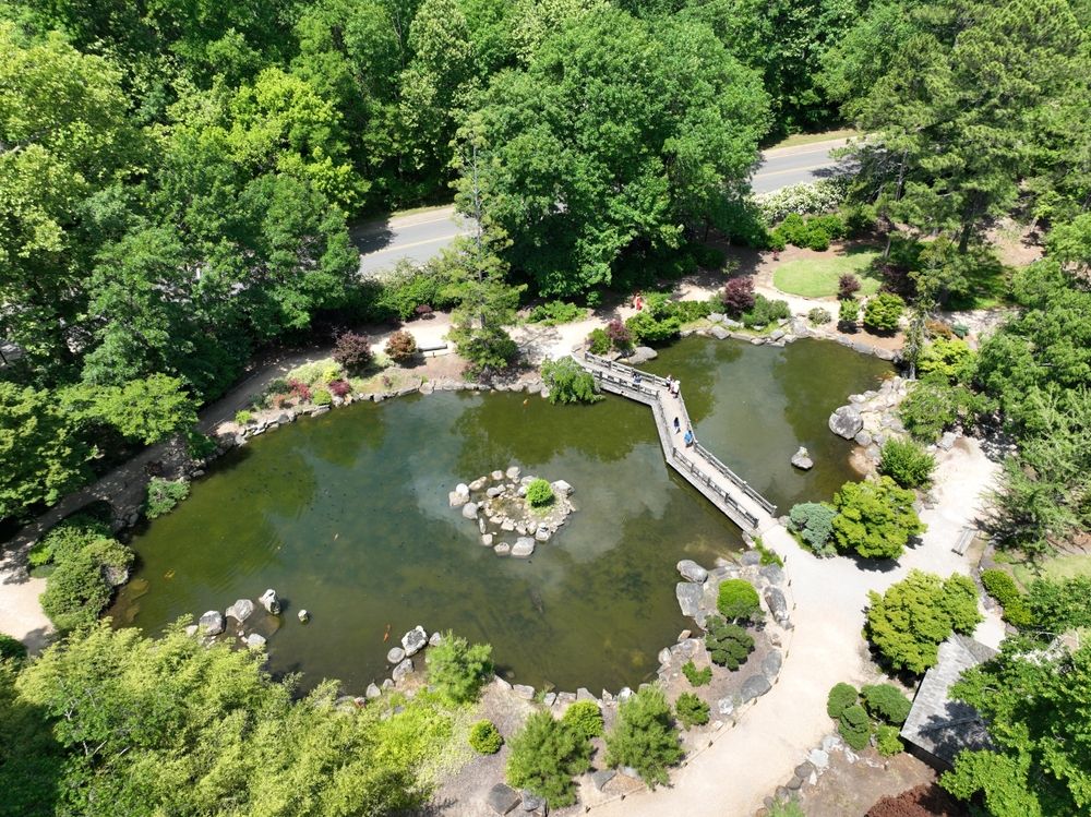 Aerial view of Birmingham Botanical Garden's pond