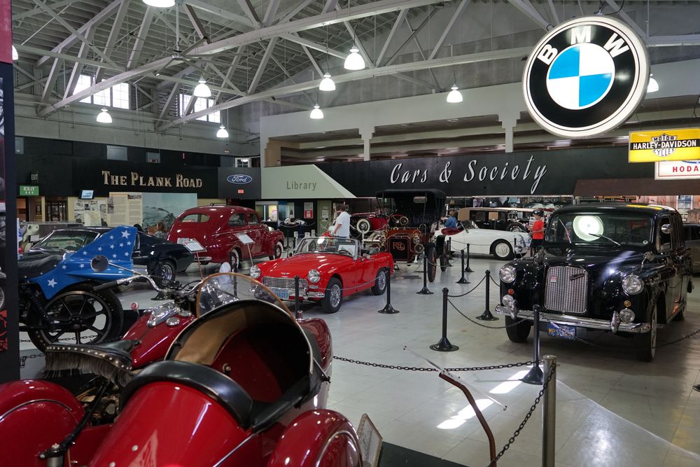Cars displayed inside San Diego Automotive Museum