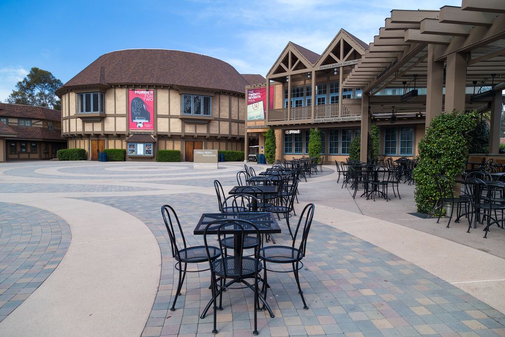 Tables and chairs near the Old Globe