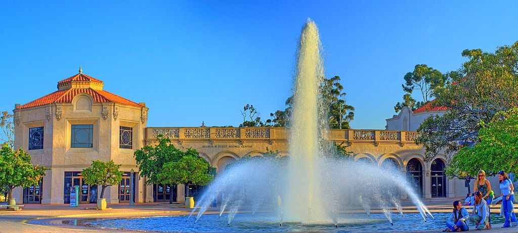 A water fountain in front of Reuben H. Fleet Science Center