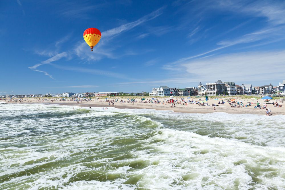 A hot air balloon over the Ocean Grove waters
