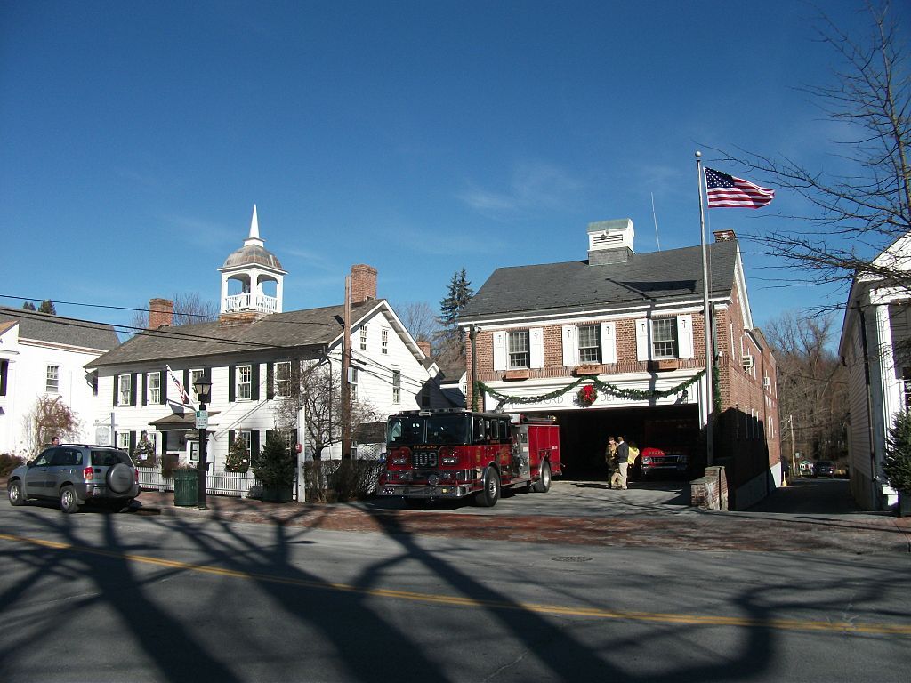 Firehouse and Bedford free library at Bedford Village Historic District
