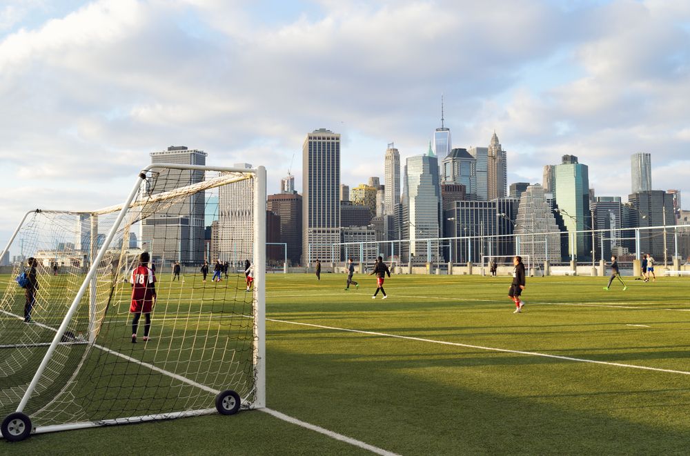 A soccer match at Brooklyn Bridge Park