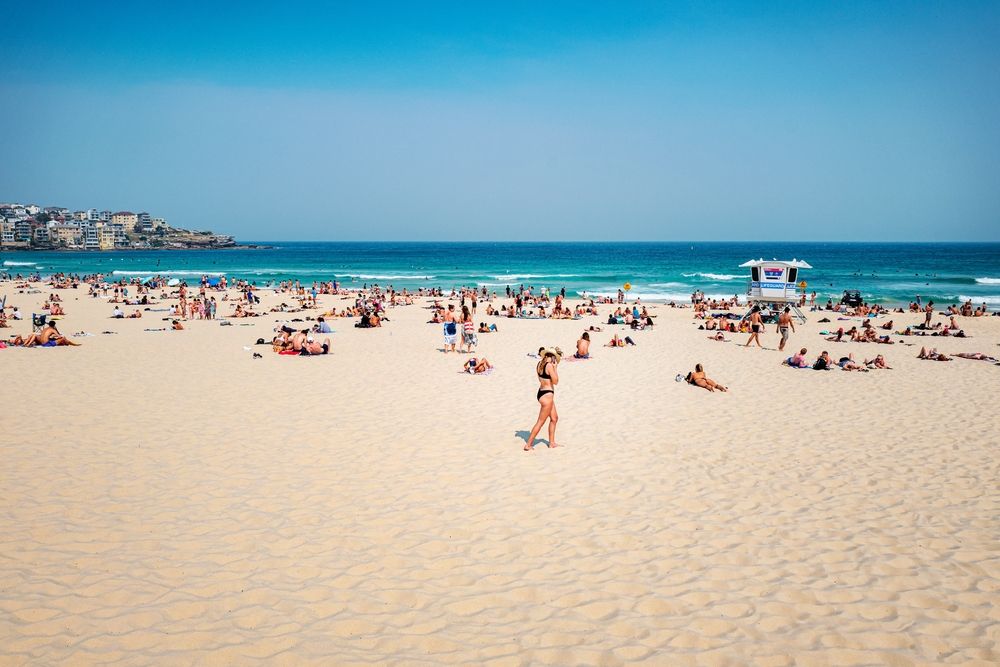 People sunbathing on bondi beach sand