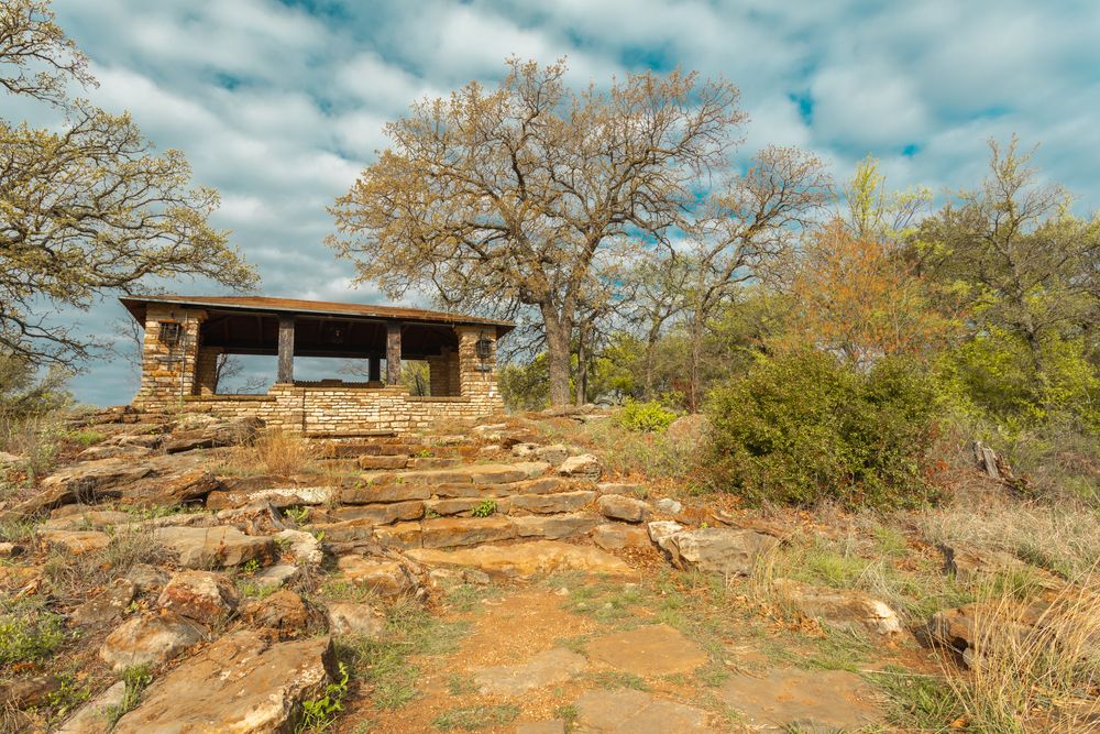 Stone steps and shed at Lake Brownwood State Park