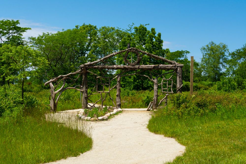 A trail and wooden structure at Richard Bong State Recreation Area.