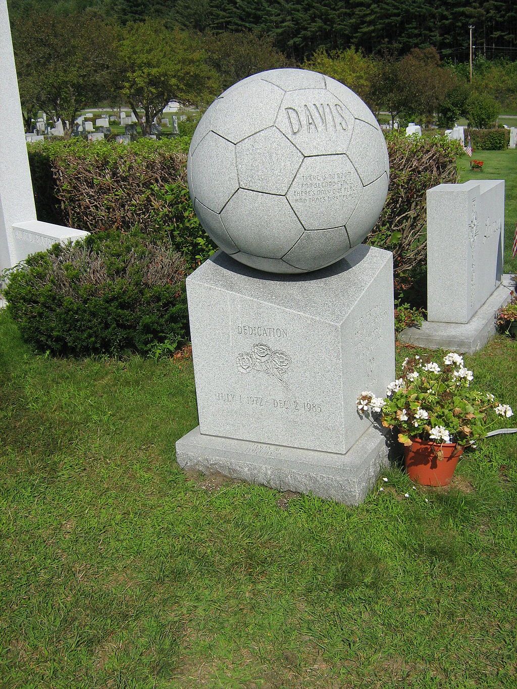 Soccer ball-shaped gravestone at Hope Cemetery
