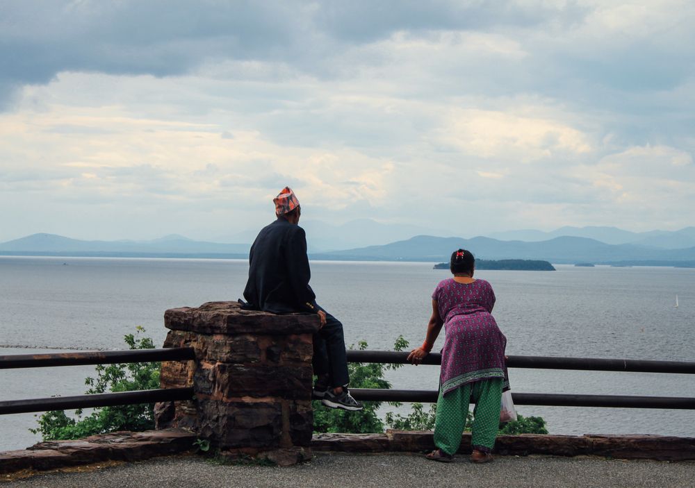 People admiring the lake from Waterfront Park