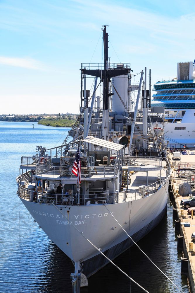 Front view of the docked American and Victory Ship Museum