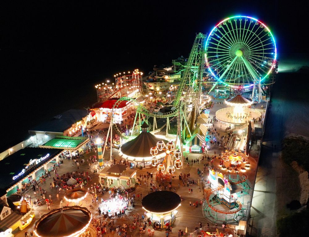 Aerial view of the lively Morey’s Piers and Beachfront Water Parks