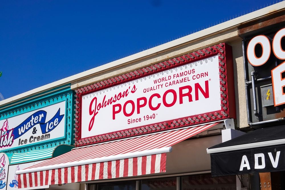 Store sign of a popcorn store at Ocean City Boardwalk