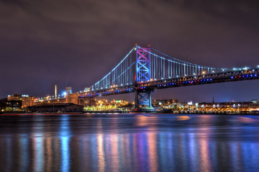View of the Benjamin Franklin Bridge at night