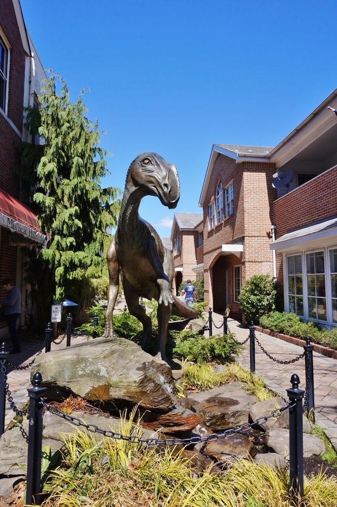 Front view of the Dinosaur Statue in Downtown Haddonfield