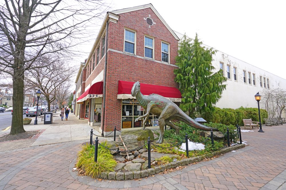 Daytime view of the Dinosaur Statue in Downtown Haddonfield