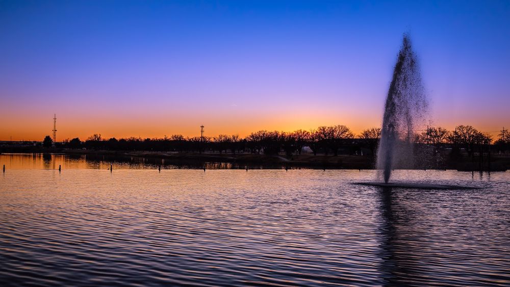 Sunset over Downtown Carlsbad's water fountain