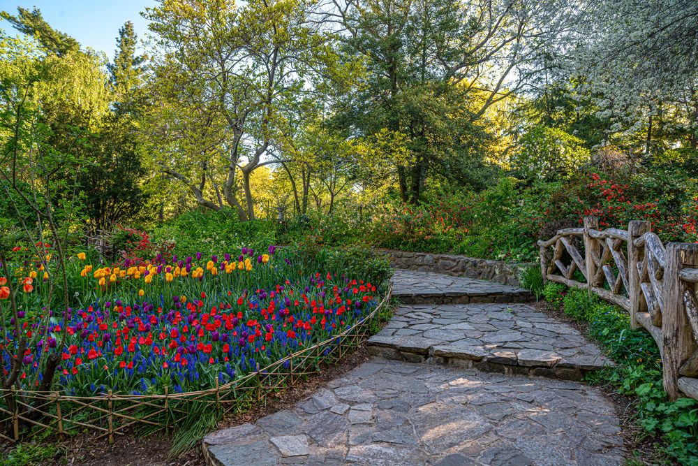 Pathway lined with flowers at Shakespeare Garden