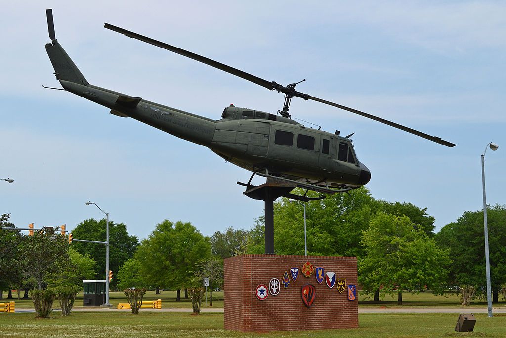 Helicopter sculpture on the grounds of United States Army Aviation Museum