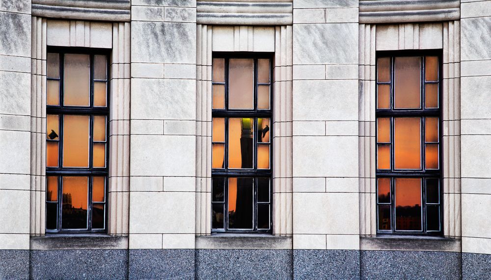 Sunset reflecting on Cincinnati Union Terminal's glass windows