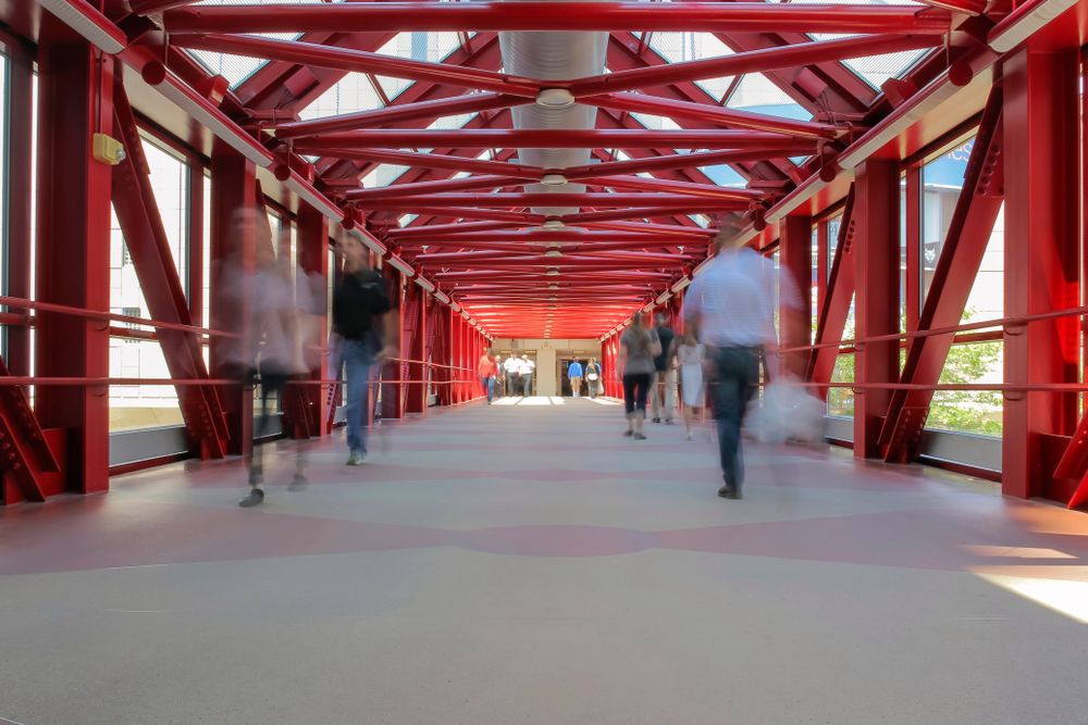 People walking on one of the Minneapolis Skyway