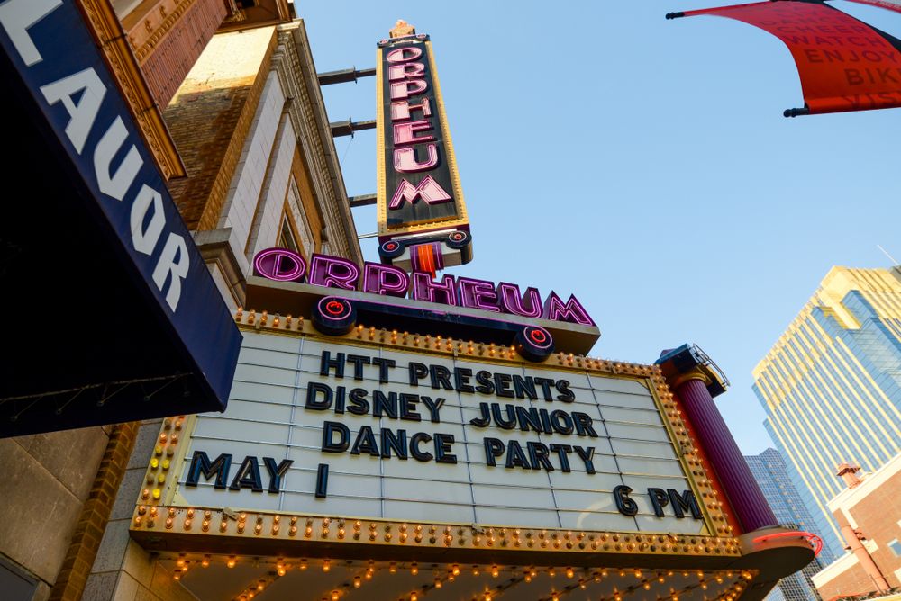 View from below Orpheum Theatre's name sign