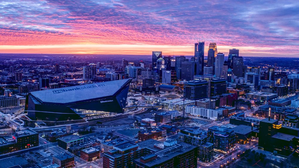 Aerial view of the US Bank Stadium during sunset