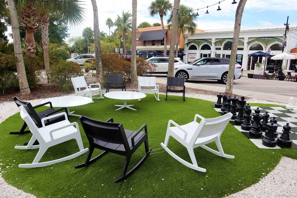 Chairs overlooking St. Armands Circle's boutiques