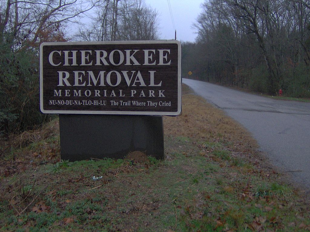 Welcome sign of Cherokee Removal Memorial Park