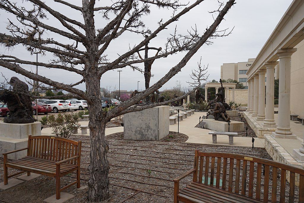 Wooden benches on the grounds of the Museum of Biblical Art