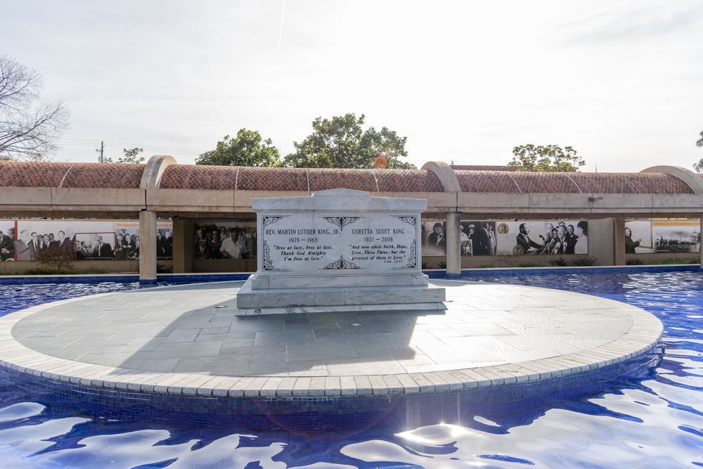 Name memorabilia surrounded with water at Martin Luther King Jr. Monument Park.