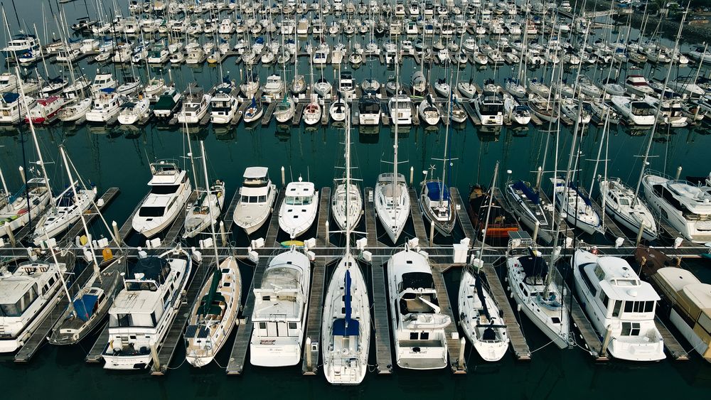Aerial view of the boats docked at Emeryville Marina