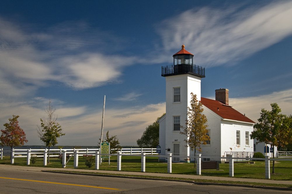 Daytime view of the Sand Point Lighthouse