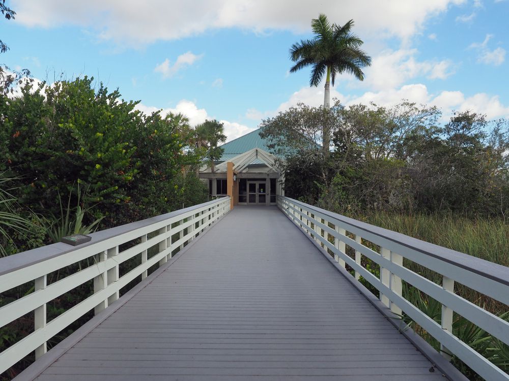 Boardwalk leading to Ernest F. Coe Visitor Center's entrance