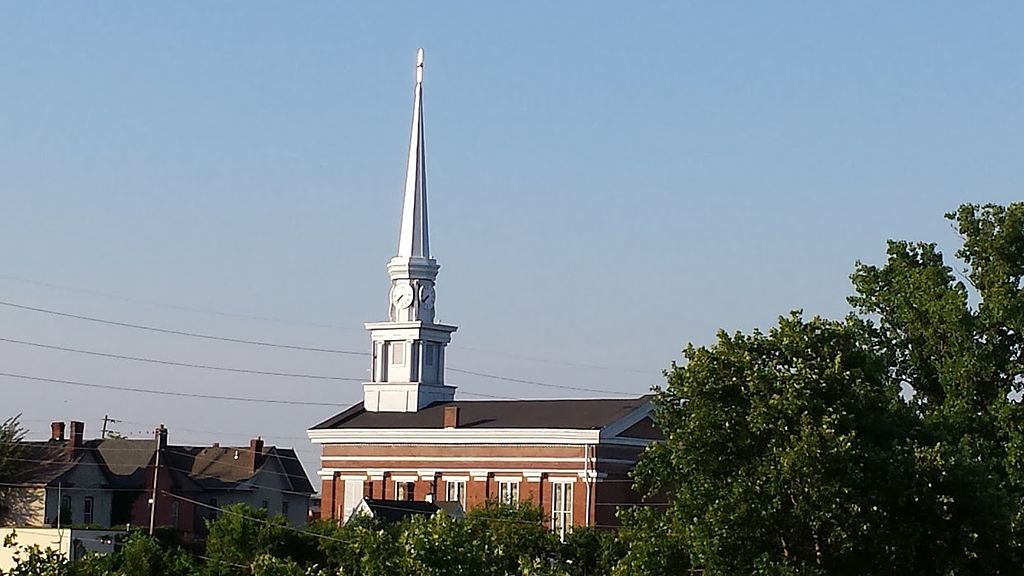 Far view of the Town Clock Church of New Albany