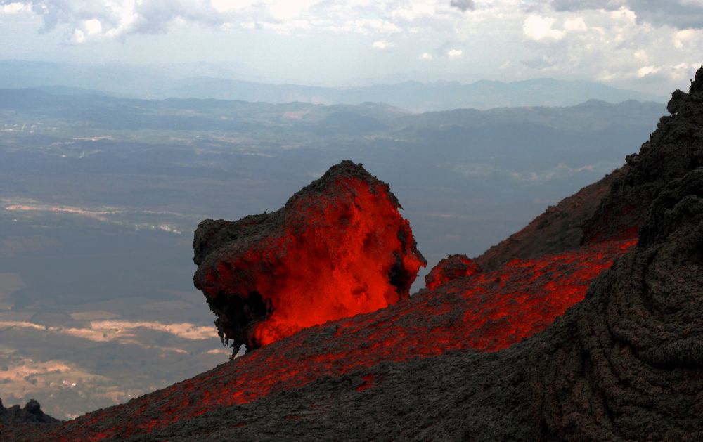 Glowing red flank of Pacaya Volcano
