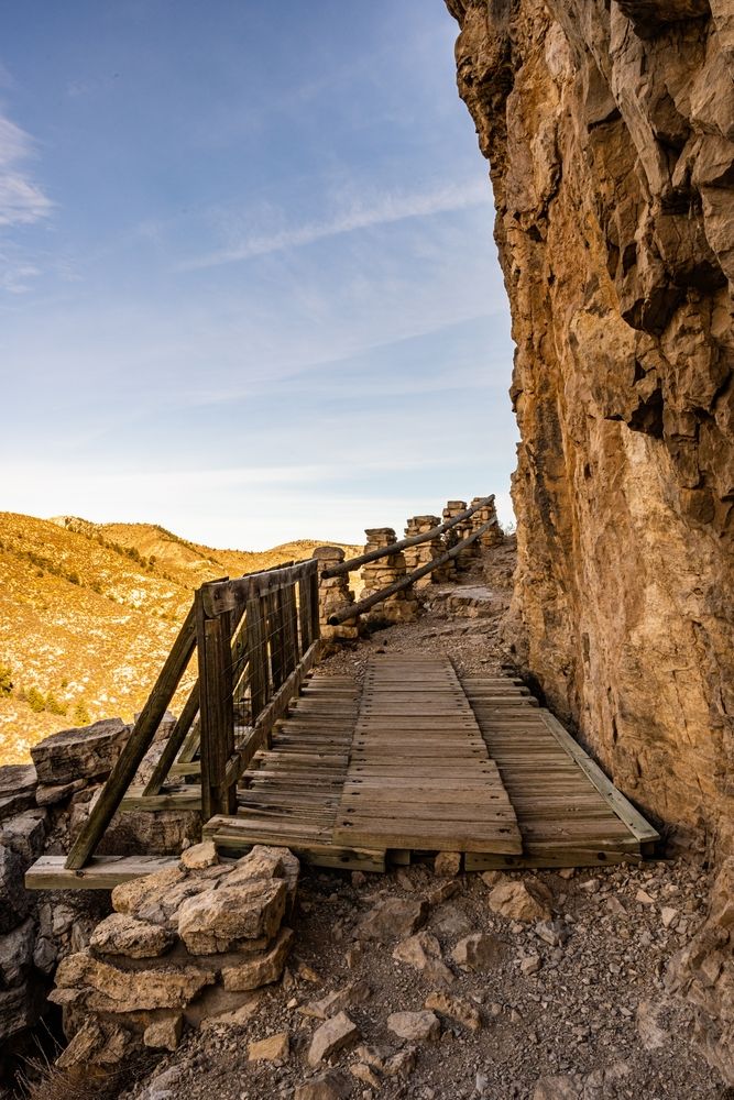 A wooden bridge at Guadalupe Peak Trail's cliff