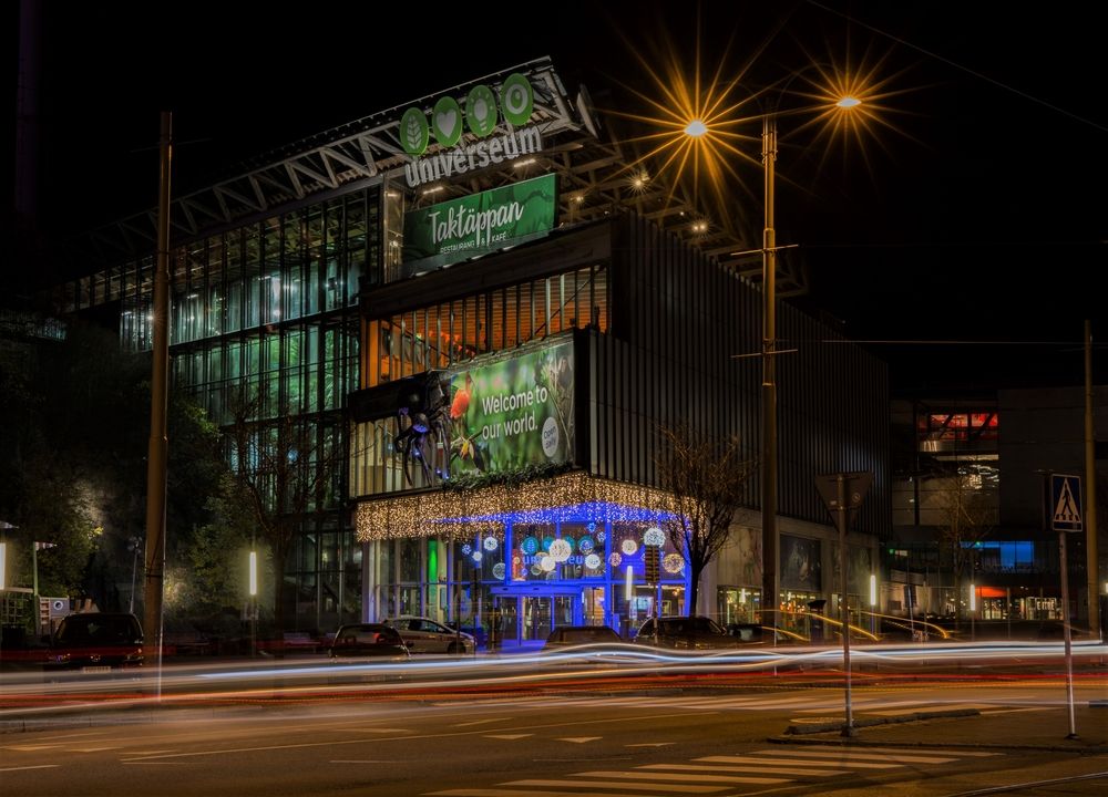 Night view of Universeum's exterior