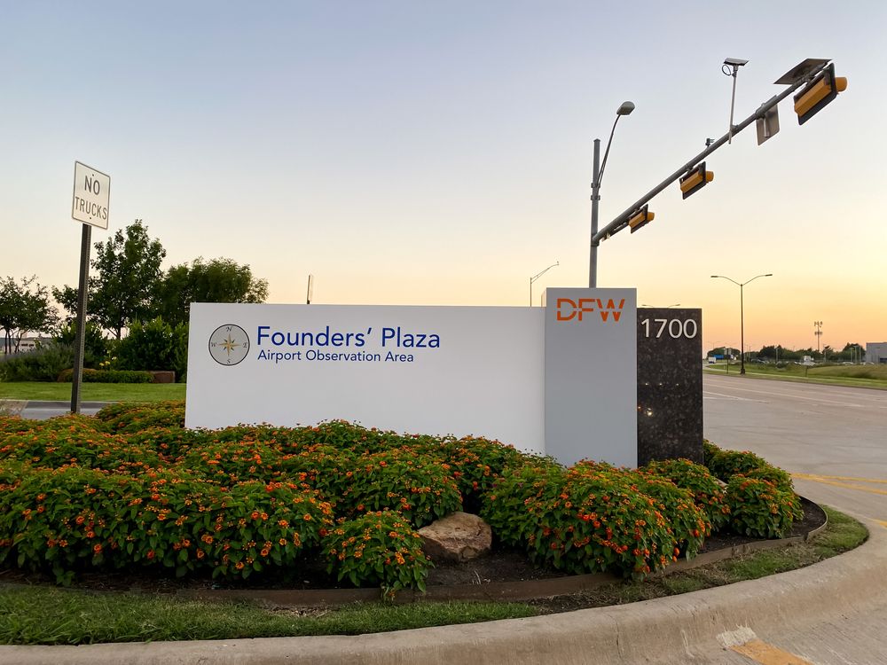 Welcome sign of DFW Founders Plaza