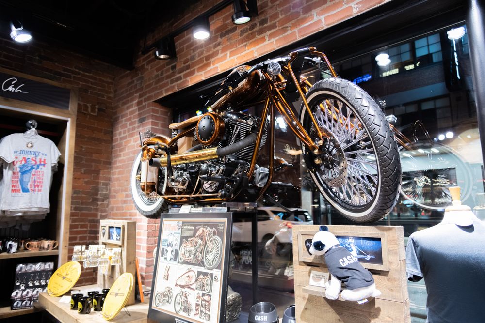 A motorcycle displayed inside Johnny Cash Museum and Café