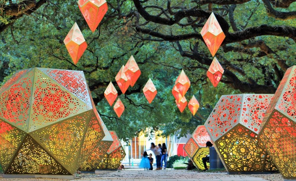 Trail lined with sculptures at Discovery Green