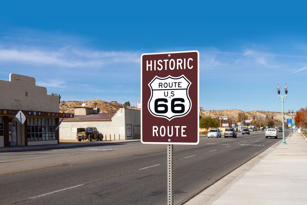 Road sign of California Route 66 Museum
